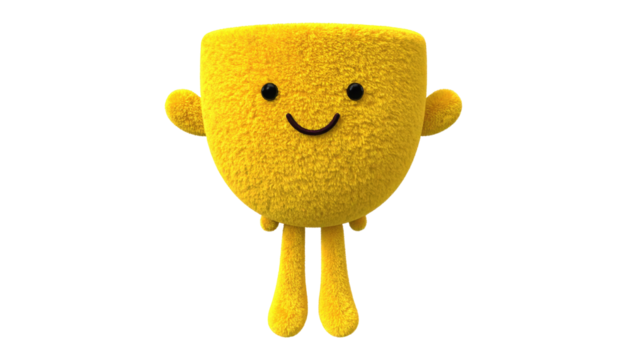 Cheerful, fuzzy yellow character with stubby arms and legs on a black background, radiating simple joy - Powered by Adobe