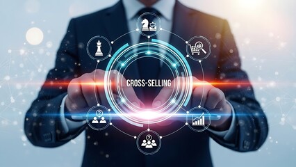 Businessman interacting with futuristic digital interface displaying business concepts