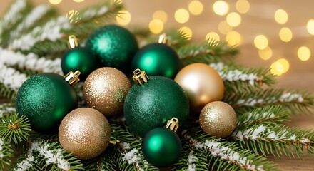 Deep emerald green and champagne gold baubles placed among luxurious evergreens coated in soft snow.
