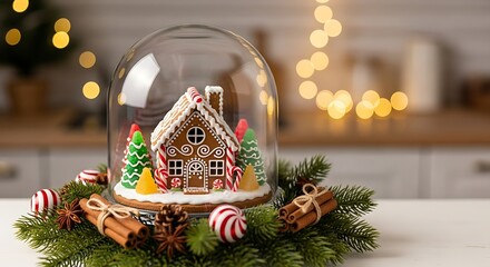 A dome containing a miniature gingerbread house decorated with icing details, candy canes, and gumdrop trees