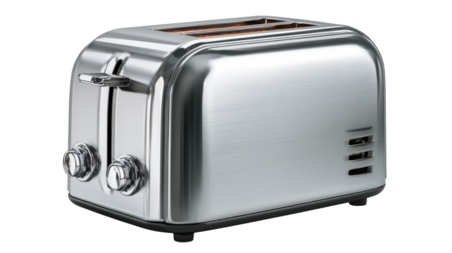 Modern chrome toaster, an essential kitchen appliance, standing on a transparent background. Preparing breakfast meal components