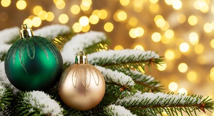 A luxurious Christmas tree decorated entirely in shimmering gold accents, featuring green metallic gold baubles with refined polished surfaces 