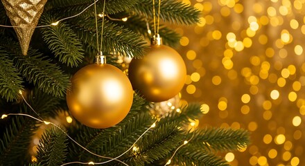 A luxurious Christmas tree decorated entirely in shimmering gold accents, featuring two metallic gold baubles with refined polished surfaces hanging from sparkling gold threads