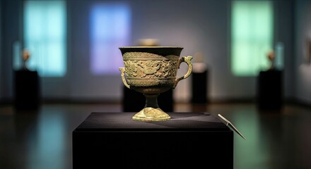 A detailed shot of an ancient bronze cup on display in a museum setting. The cup is intricately designed and sits on a black pedestal, lit by soft, diffused lig
