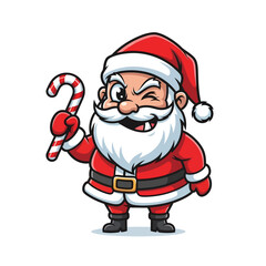 Winking Santa Claus character with candy cane illustration offers festive cheer for holiday promotions and fun seasonal designs, perfect for christmas campaigns