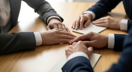 Fototapeta premium Hands of business people at a wooden table at a meeting showing cooperation and discussion