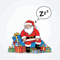 Tired Santa Claus takes a well-deserved nap after delivering presents on Christmas Eve, perfect for holiday greetings and seasonal promotions