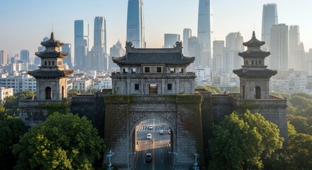 An aerial view of an ancient city gate with modern skyscrapers in the background, bathed in the soft light of sunrise. The image captures the contrast between o