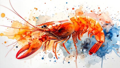 Vibrant lobster illustration with watercolor splashes