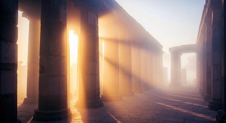A row of ancient columns bathed in dramatic sunlight, creating a mystical and atmospheric scene.