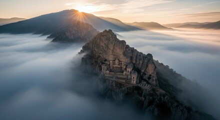 A scenic aerial view of an ancient rock tomb surrounded by mist at sunrise. The sun's rays burst through the clouds, illuminating the landscape.