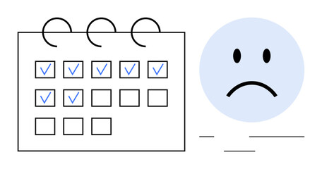 Stress concept. Stress illustrated by a marked calendar alongside a sad face, overwhelming schedules and time management struggles. Stress affecting mental health and work-life balance. For wellness