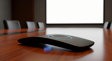 Modern conference room with a wireless presentation clicker on a polished wooden table in front of a projector screen