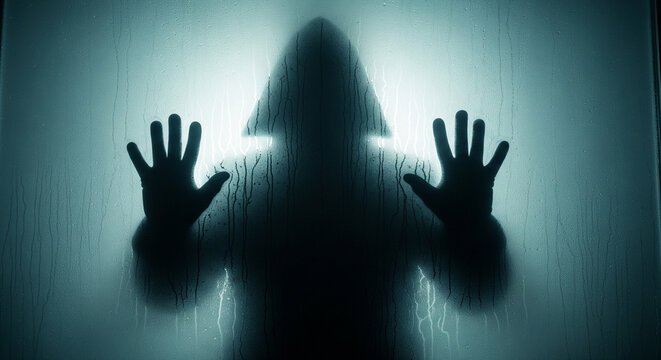 peur - Silhouette myst&eacute;rieuse d'une personne &agrave; capuche pressant les mains contre une vitre humide et embu&eacute;e dans l'obscurit&eacute;, concept de film d'horreur et de danger.