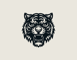 Fototapeta premium Mad Tiger Face black vector logo illustration