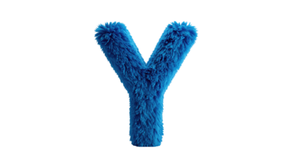 Blue furry capital letter 'Y' isolated on black background. Soft texture, vibrant color