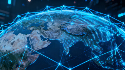 Cyberpunk Style Global Network Connection: Technological Visualization of Earth and Digital Nodes