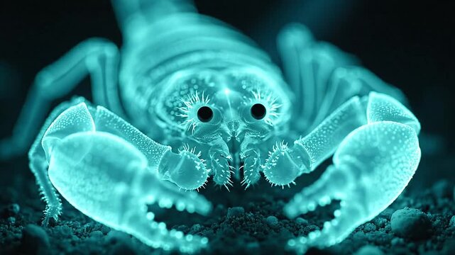Fluorescent scorpion exoskeleton glowing eerily under ultraviolet light beam