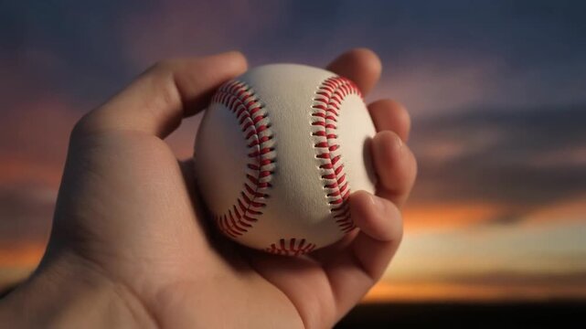 closeup of white baseball in hand with sunset background