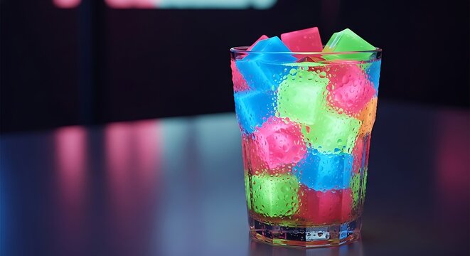 A modern cocktail with vibrant, multi-colored glowing ice cubes in a glass, creating a colorful reflection on a dark bar countertop - Powered by Adobe