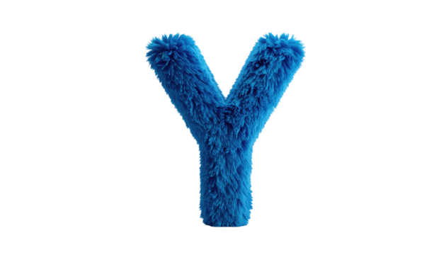 Blue furry capital letter 'Y' isolated on black background. Soft texture, vibrant color