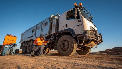 A roadside technician refuels a stranded diesel truck with a portable fuel tank in a remote highway setting under clear skies.