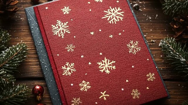 Festive red notebook adorned with snowflakes and pine
