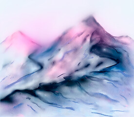 Hand Draw Abstract watercolor mountain landscape featuring soft pastel pink and blue tones with flowing brushstrokes and misty layered peaks