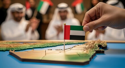 United Arab Emirates Flag on Map with Emirati Men.