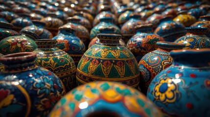 Colorful decorative ceramic pottery collection displayed in a market