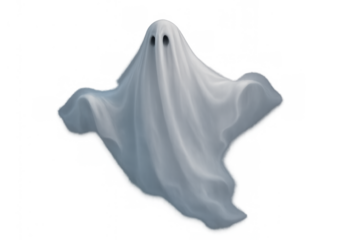 Floating white ghost costume creating spooky halloween illustration on transparent background