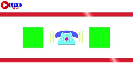 Live news white screen template with ringing retro telephone animation, breaking news call alert layout, broadcast design with dual video placeholders, lower thirds for TV channels and media editing
