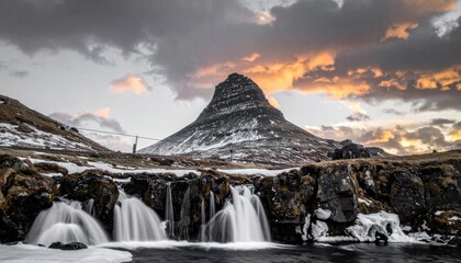 Mountain peak and waterfalls landscape