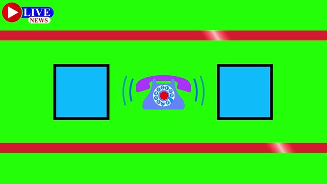 Live news green screen template with ringing retro telephone, animated call alert, breaking news layout with two video placeholders, broadcast lower thirds design for TV channels and media editing