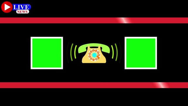 Live news black screen template with ringing retro telephone, animated call alert graphic, breaking news layout with two video placeholders, broadcast lower thirds design for TV channels and media edi