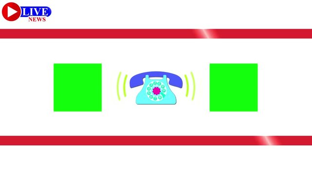 Live news white screen template with ringing retro telephone animation, breaking news call alert layout, broadcast design with dual video placeholders, lower thirds for TV channels and media editing