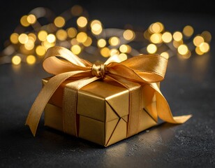 Golden Gift of Celebration: A beautifully wrapped golden gift box, adorned with a matching satin ribbon, takes center stage against a backdrop of twinkling lights.
