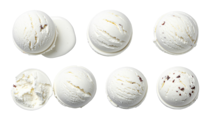 Seven scoops of creamy, white ice cream, some with chocolate flecks, arranged on a black background, seen from above
