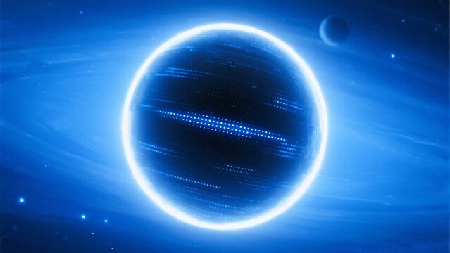 A glowing spherical object with digital patterns in a deep blue space environment, surrounded by stars and celestial bodies.