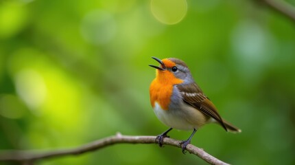 Fototapeta premium Small songbird with bright orange chest perched on a branch singing