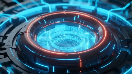 Futuristic circular interface with glowing blue and red neon lights, digital grid patterns, and high-tech design elements