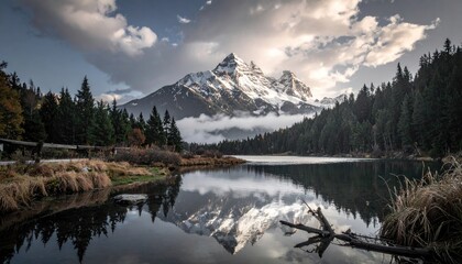 Lake reflects snow-capped mountains