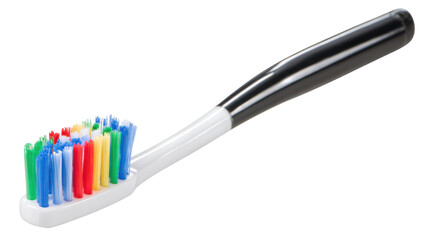 Toothbrush with a black handle and a white head featuring multicolored bristles, an essential tool for daily oral hygiene
