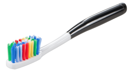 Toothbrush with a black handle and a white head featuring multicolored bristles, an essential tool for daily oral hygiene