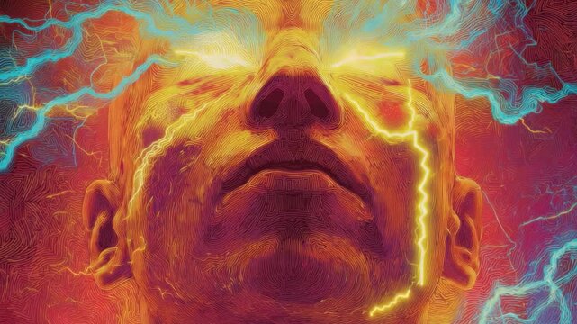 The Sparks of the Mind: A close-up of a face, with the eyes glowing brightly and lightning bolts crackling around the head, expressing intense energy.