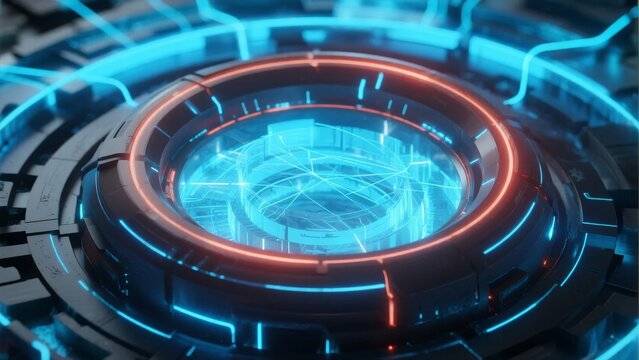 Futuristic circular interface with glowing blue and red neon lights, digital grid patterns, and high-tech design elements