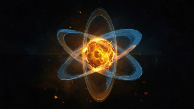 Atom Energy: Visual representation of an atom, with electrons orbiting a glowing nucleus, showcasing the fundamental building block of matter.