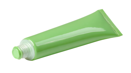 Green cosmetic tube lying on its side, a blank plastic container ideal for promoting beauty, skin care, or medical products