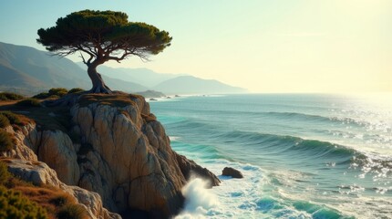 Lone tree stands strong on coastal cliff overlooking ocean waves