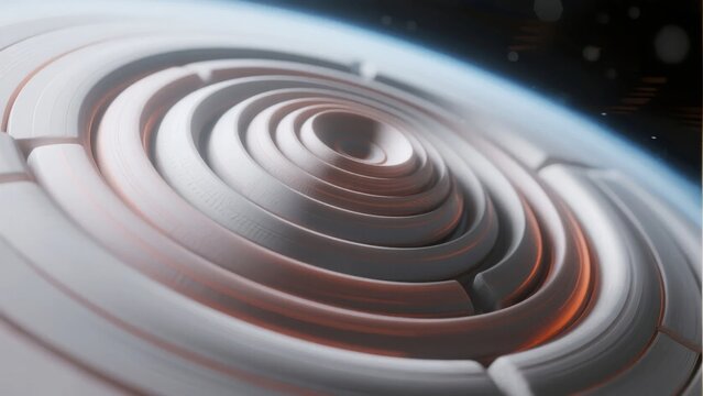 Abstract spiral structure with concentric rings and glowing edges in a futuristic design